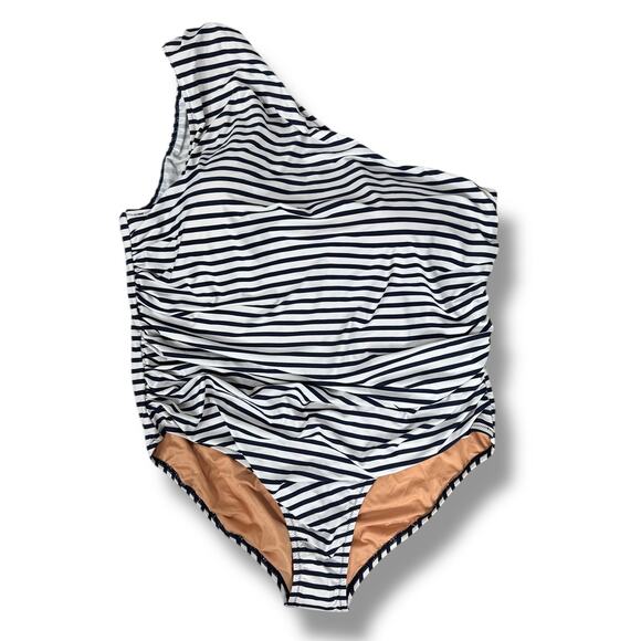 J Crew One Shoulder One‎ Piece Swimsuit Womens Plus 22 Navy White Stripe - Picture 1 of 7